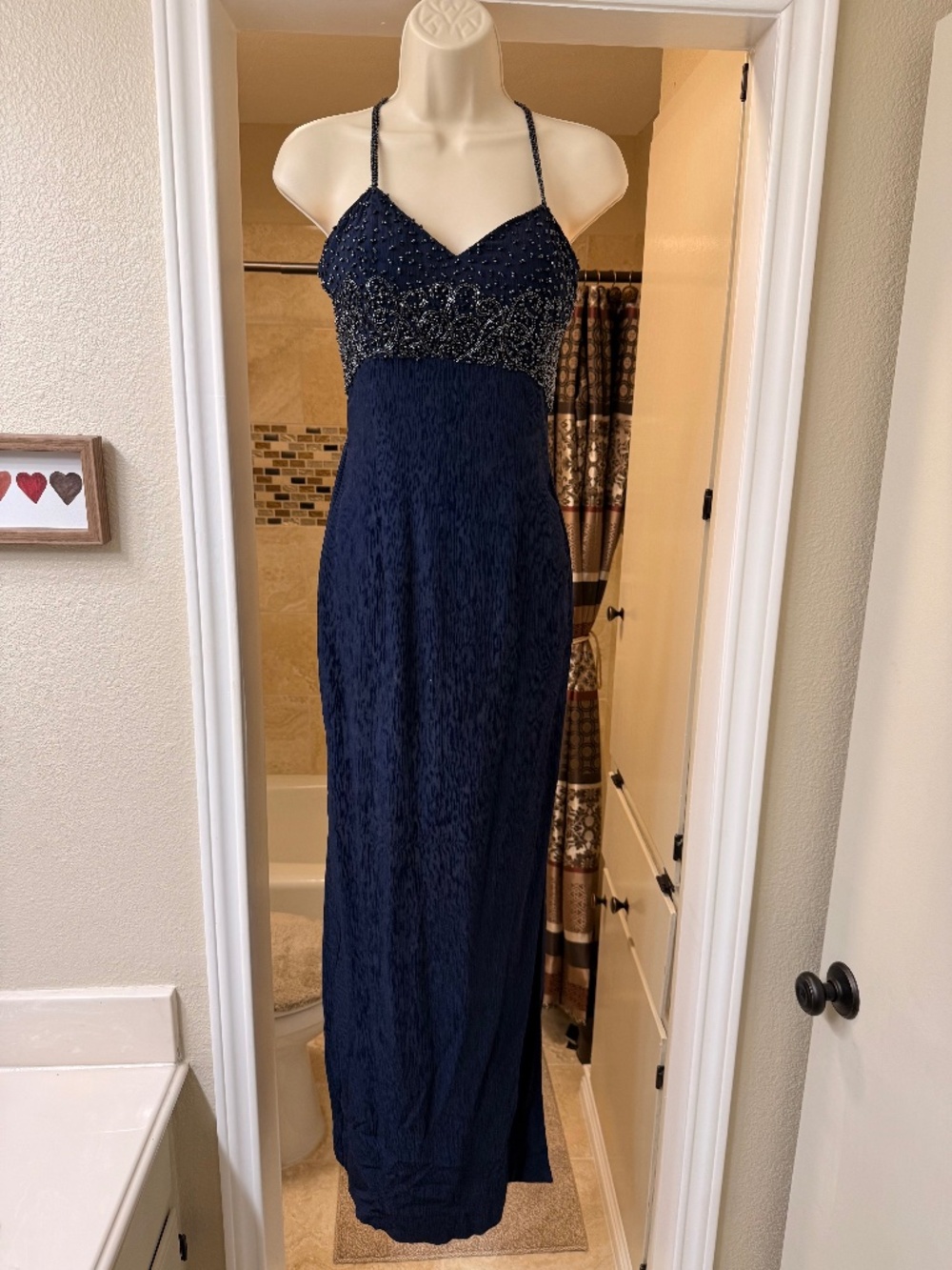 Evening Gown Dark Navy Blue with beaded top /straps